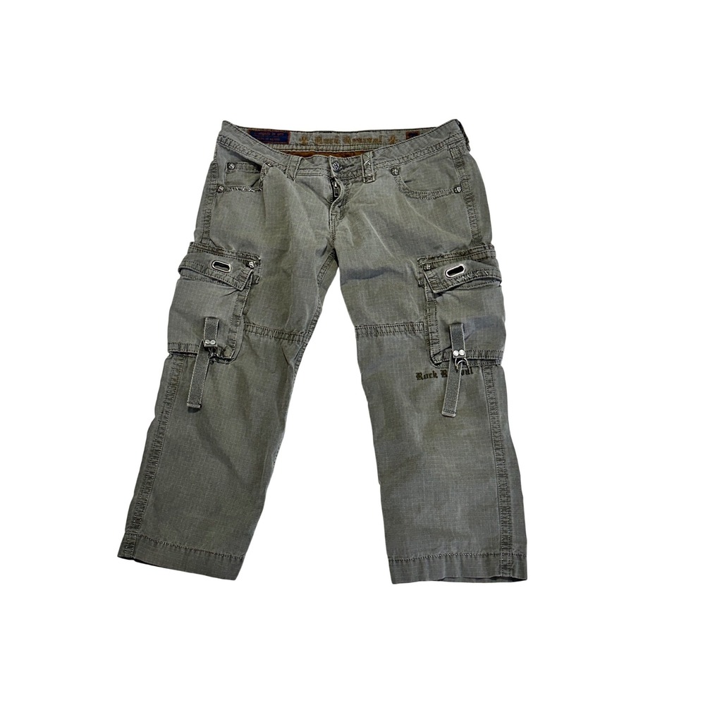 Rock Revival Vintage Y2K Cargo Capri Pants Green Gray Utility Low Rise Grunge 28